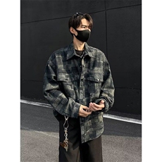 复古格纹牛仔外套男春秋季潮牌休闲衬衫翻领夹克男上衣服3595P72，男装衬衫，星座410-2