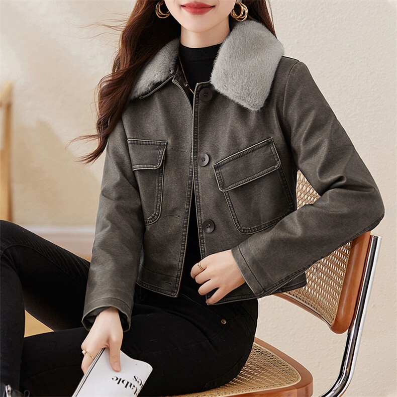 复古磨砂加绒小皮衣女修身短款2023冬季新款配毛领机车服pu皮夹克,女装皮衣,潮流依族