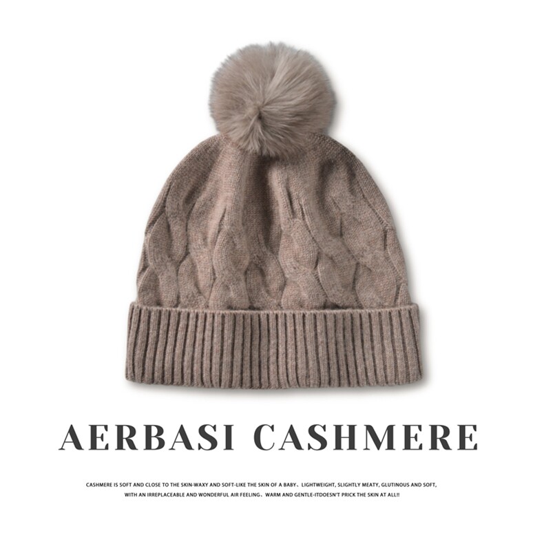 出口订单秋冬纯山羊绒针织帽子女加厚绞花狐狸毛球护耳毛线帽时尚，帽子，蒙娇羊绒