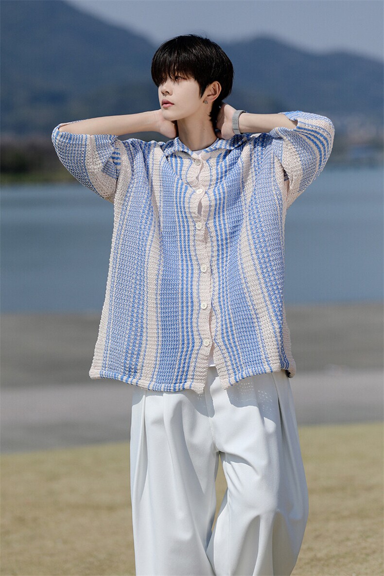 8XL-M特大码美式撞色新中式短袖衬衫男翻领休闲针织开衫DX312P35,男装T恤,电商D206-1