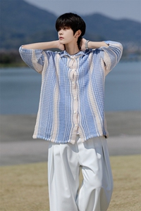 8XL-M 特大码美式撞色新中式短袖衬衫男翻领休闲针织开衫DX312P35图片