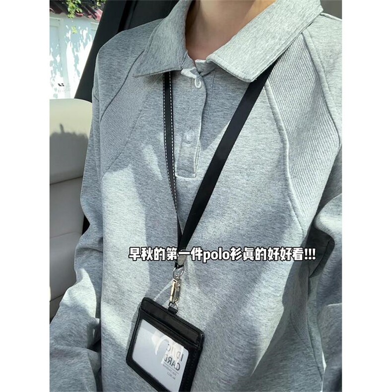 抖音得物高品质美式高街重磅曼巴棉结构螺纹拼接翻领卫衣长袖T恤,男装T恤,电商A486