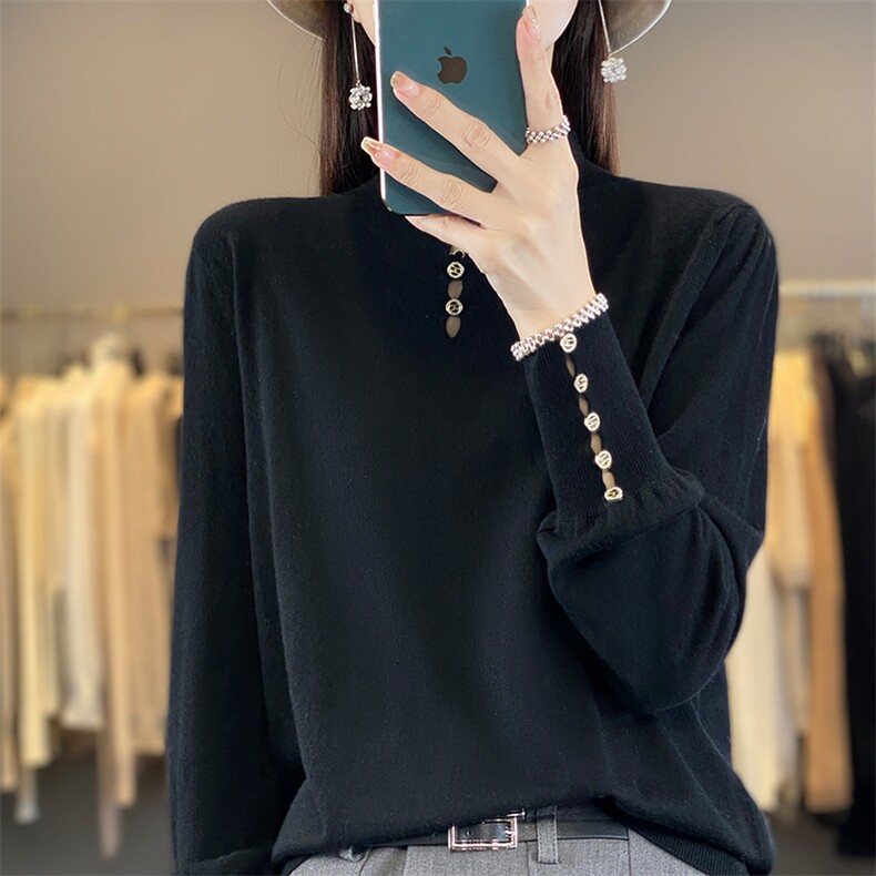 2025年春季新款精纺羊毛衫女半高领套头毛衣宽松纯色百搭针织衫大图片