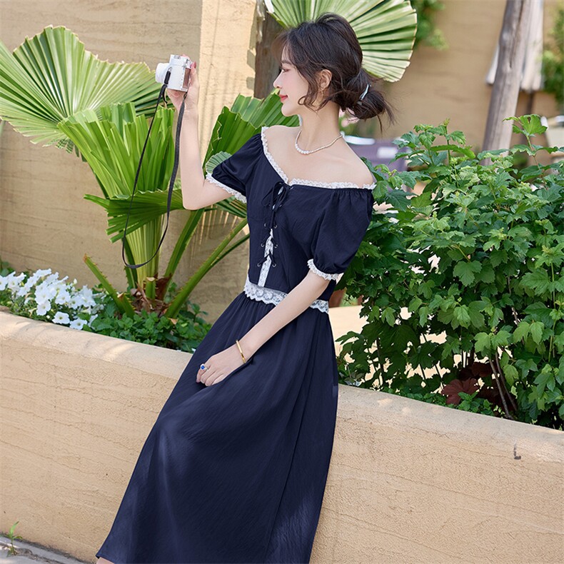 盐甜系穿搭蓝色上衣套装女夏新款温柔风显瘦蕾丝拼接半身裙两件套,女装套装/套裙,依路服饰