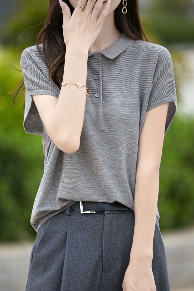 夏季POLO领羊毛混纺针织短袖T恤女宽松娃娃领落肩袖桑蚕丝上衣薄,女装T恤,暖烁羊绒