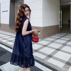 韩版网纱拼接无袖牛仔连衣裙女2025夏季新款绝美减龄小个子A字裙，女装连衣裙，2D044