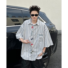 春夏季潮牌复古刺绣条纹短袖衬衫男女宽松情侣百搭衬衣CS23-P40，男装衬衫，星座308B-1