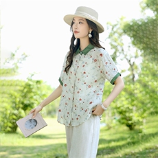 2025夏装新款温柔时尚显瘦复古撞色苎麻碎花衬衫直筒裤女，女装衬衫，凝聚力