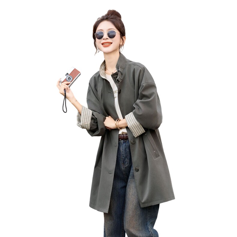 风衣女中长款2025秋季新款今年流行格子巨好看的韩系休闲立领外套,女装风衣,牡丹诺