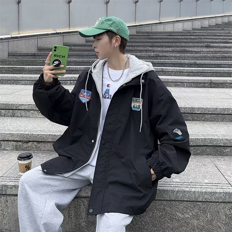 假两件外套男冲锋衣春秋季情侣款潮牌港风连帽秋冬夹克W4495-P55,男装夹克,星座412-3