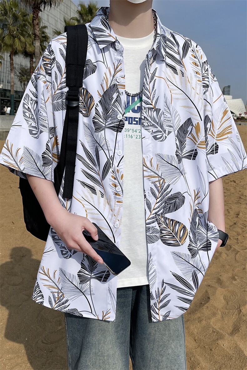 新款大码花男短袖夏季痞宽松上衣服外套翻领衬衫A012/824P35,男装衬衫,电商A012