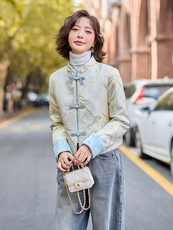 新中式轻薄羽绒服女短款2025年新款春白鸭绒时尚唐装提花外套，女装短外套，水衣源