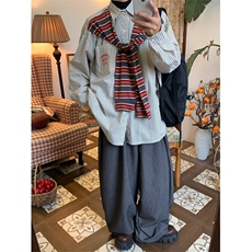 破坏毛边复古格纹宽松翻领衬衫长袖宽松日系百搭休闲开衫外套流行，男装衬衫，星座506A