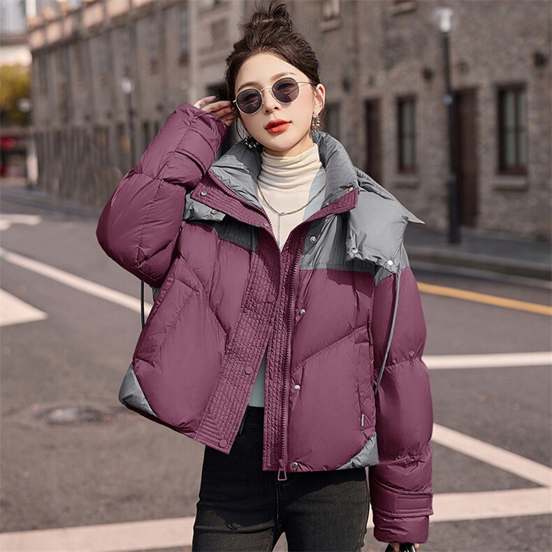 时尚撞色短款羽绒服女2024冬季新款加厚连帽保暖白鸭绒面包服外套,女装羽绒服,艾仟回(原伊仟回)
