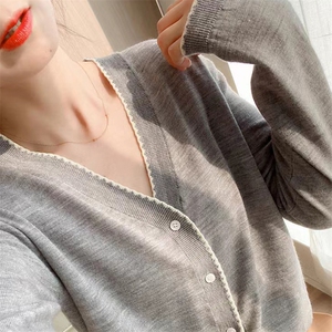 春秋V领拼色精纺羊毛针织开衫女薄款长袖宽松休闲外套毛衣打底衫图片