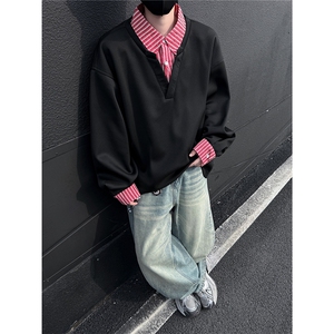 黑墙假两件拼接翻领大码卫衣男秋季潮牌宽松情侣 A436-2231-P50图片