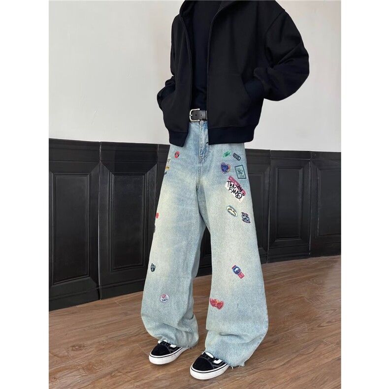 复古刺绣阔腿牛仔裤2025秋季新款大码女装梨宽松拖地裤RK3170-P55，男装牛仔裤，星座412-3