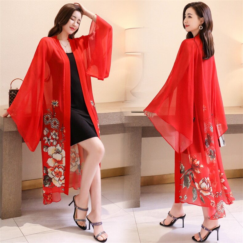 夏季中国风长款过膝百搭气质宽松外雪纺印花薄防晒衣搭开衫披肩外，女装蕾丝衫/雪纺衫，秀美人生