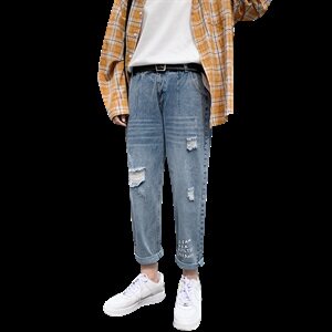 夏季新男士牛仔裤男韩版破洞裤乞丐小脚裤九分图片