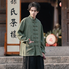 （大蛇）新中式风朝铜扣盘扣立领蛇年复古棉麻烫印长袖衬衫，男装衬衫，星座305A（原312A-1）