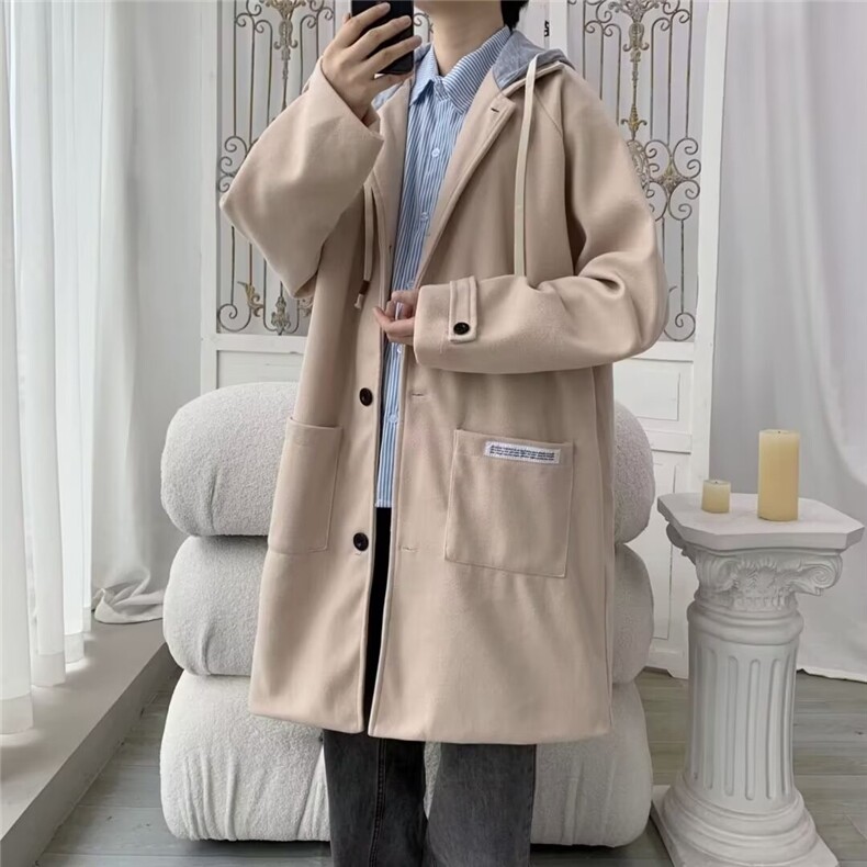 中长款毛呢大衣男士秋季过膝加厚连帽风衣高级感雅痞外套潮A23/75，男装风衣，星座506