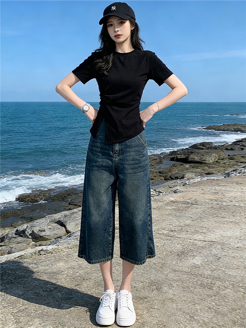 时尚简约套装女夏季新款收腰显瘦圆领开叉短袖阔腿牛仔中裤两件套,女装套装/套裙,江南