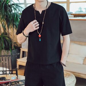 DY16*夏季2021男士棉麻短袖T恤套装长裤两件套装男 灰蓝 *P55图片
