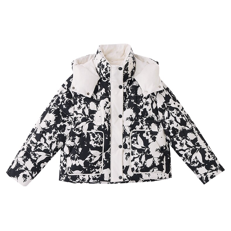时髦撞色印花短款羽绒服女2024冬新款洋气百搭连帽白鸭绒保暖外套,女装羽绒服,伊仟回