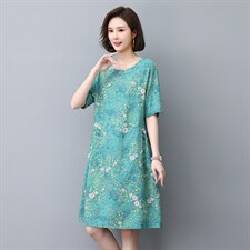 香港新品民族风印花棉质短袖连衣裙女中长宽松遮肚子显瘦，女装连衣裙，涵誉