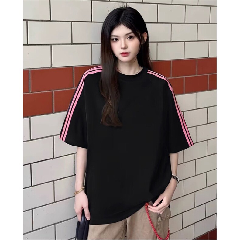 抖音得物品质二开240克宽松纯棉美式潮牌印花三条杠中性风短袖T恤,男装T恤,电商A486