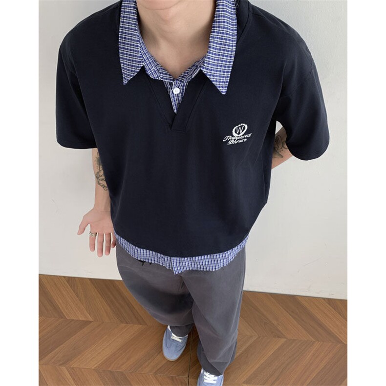 假两件短袖男格子拼接polo衫t恤翻领复古宽松休闲上衣,男装T恤,星座410-6（原星座1304-1）