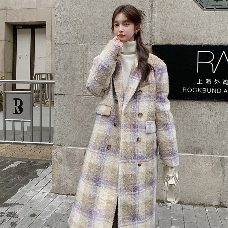 格纹大衣内胆羽绒服2024冬女甜美长款小个子加厚韩系西装毛呢外套图片