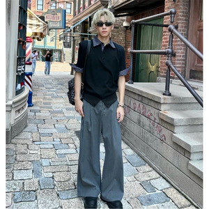 得物抖音高品质二开 夏季美式潮牌假两件条纹衬衫翻领高街短袖T恤图片