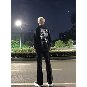 cleanfit裤子高街vibe纯黑色牛仔裤男款夏季修身直筒弹力微喇叭裤图片
