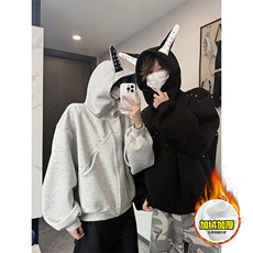 480G重磅加绒硬挺boxy男女美式高街卫衣铆钉杜宾犬耳朵开衫厚外套，女装短外套，电商A486