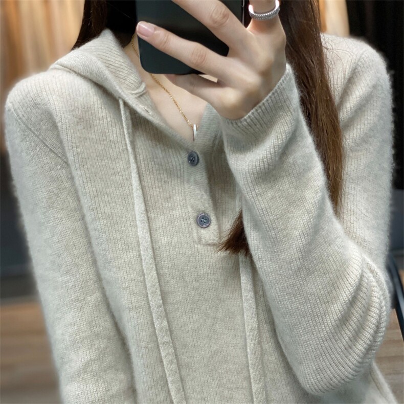 25秋冬新款抽绳连帽纯羊毛衫女宽松带帽卫衣羊绒衫针织毛衣打底衫,针织衫/毛衣,艾驰羊绒