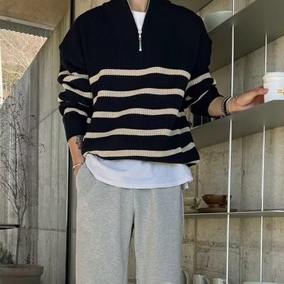 1506-1/MYM891原版高质量半拉链毛衣/P49碧舍加厚条纹毛衣男士,男装针织衫/毛衣,星座1506-1