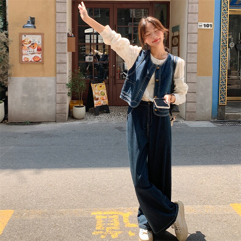 韩系穿搭牛仔套装女春秋2025年新款酷飒拽姐马甲配阔腿裤三件套装，女装套装/套裙，浙宝285（原212）