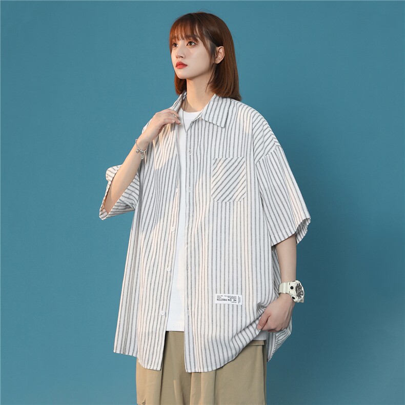 夏季百搭细条纹短袖衬衫宽松男女五分袖衬衣空调衣Q198-P40控55，男装T恤，星座617A-6（原A405-1）