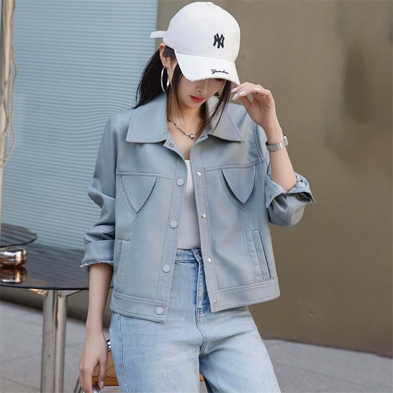 BAO欧货翻领PU皮衣外套女2025新款春秋短款超好看机车服水洗夹克，女装皮衣，美拉德工厂直营店