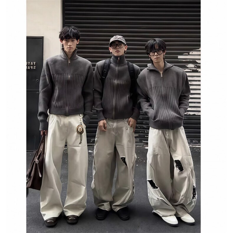 现货5千冬季美拉德正肩短款高领双拉链开衫毛衣冬季外套ZZS93P65,男装针织衫/毛衣,电商D256
