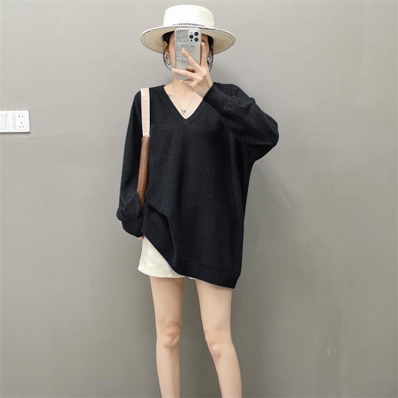 山羊绒蝙蝠袖慵懒风毛衣宽松v领羊毛针织衫女秋冬中长款大码上衣,女装羊绒衫,织绒羊