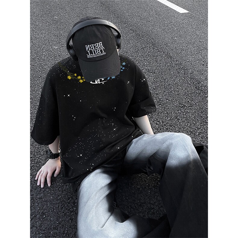 可48小时发货支持抖音得物来样二开美式满天星亮片短袖T恤MTX722，男装T恤，电商A486