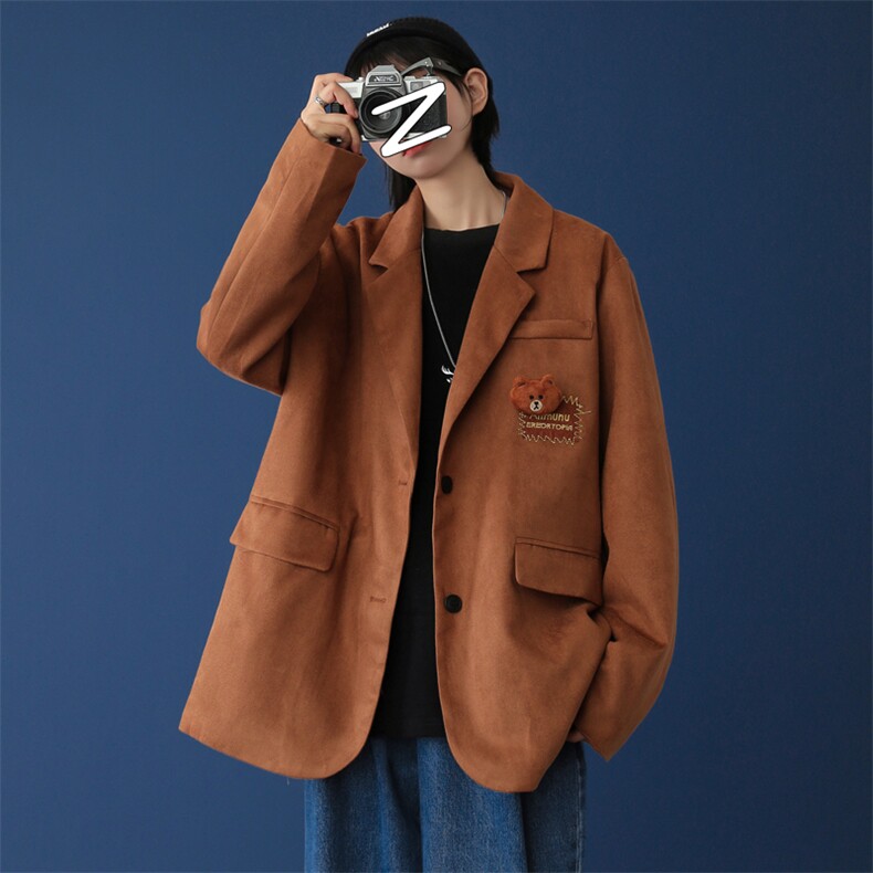 小熊胸针外套男西服秋冬刺绣麂皮绒网红炸街宽松西装mj404-p100图片