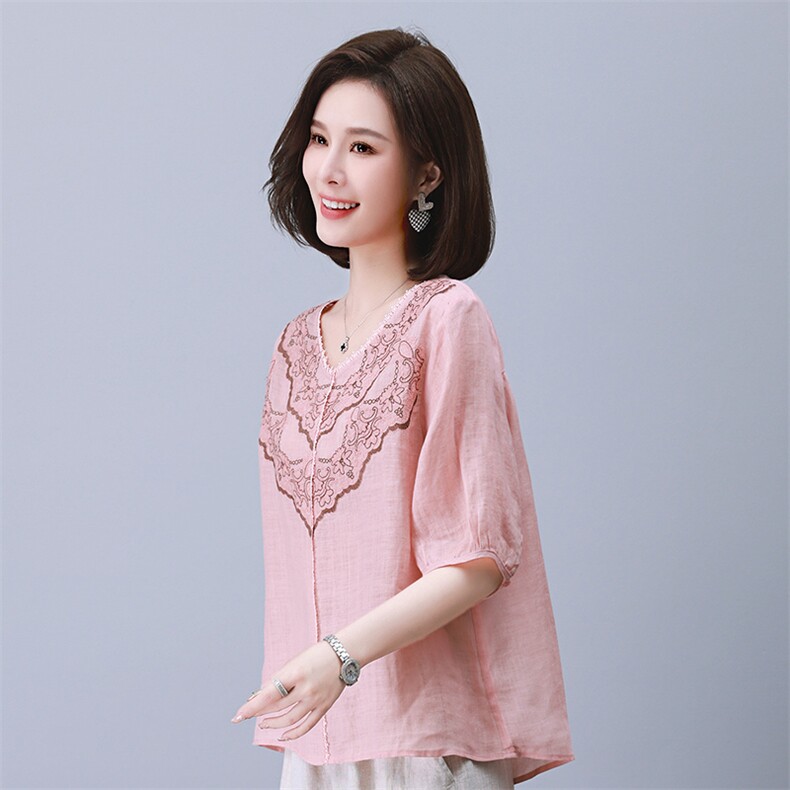 2023夏季纯苎麻刺绣简约气质宽松时尚休闲显瘦舒适上衣,女装衬衫,独衣靓