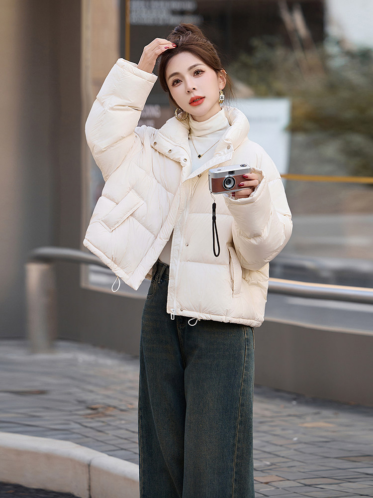黄色羽绒服宽松短款外套2024冬装立领抽绳简约显白面包服女,女装羽绒服,曼慕纤衣