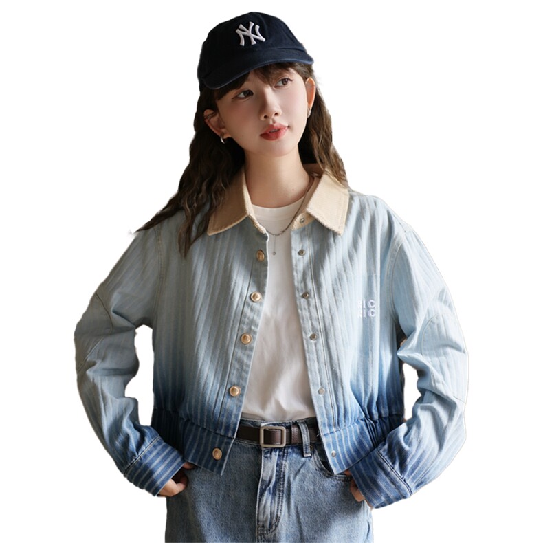 现货可推2024秋装新款水洗渐变复古休闲百搭条纹牛仔外套女,女装牛仔外套,苗苗