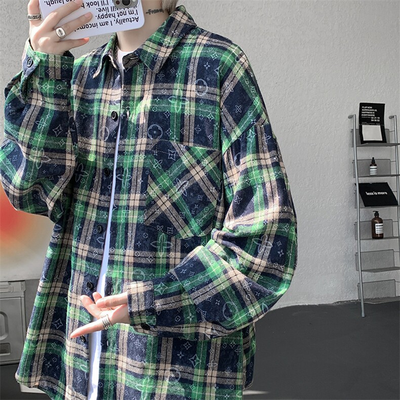 衬衫男秋季新款港风宽松大码磨毛格子扎染长袖衬衣CS507-P35,男装衬衫,星座214-3