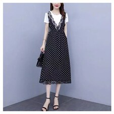 法式小裙子夏季2021年大码女装新款圆领蕾丝拼接波点减龄显瘦长裙，女装连衣裙，潮品会