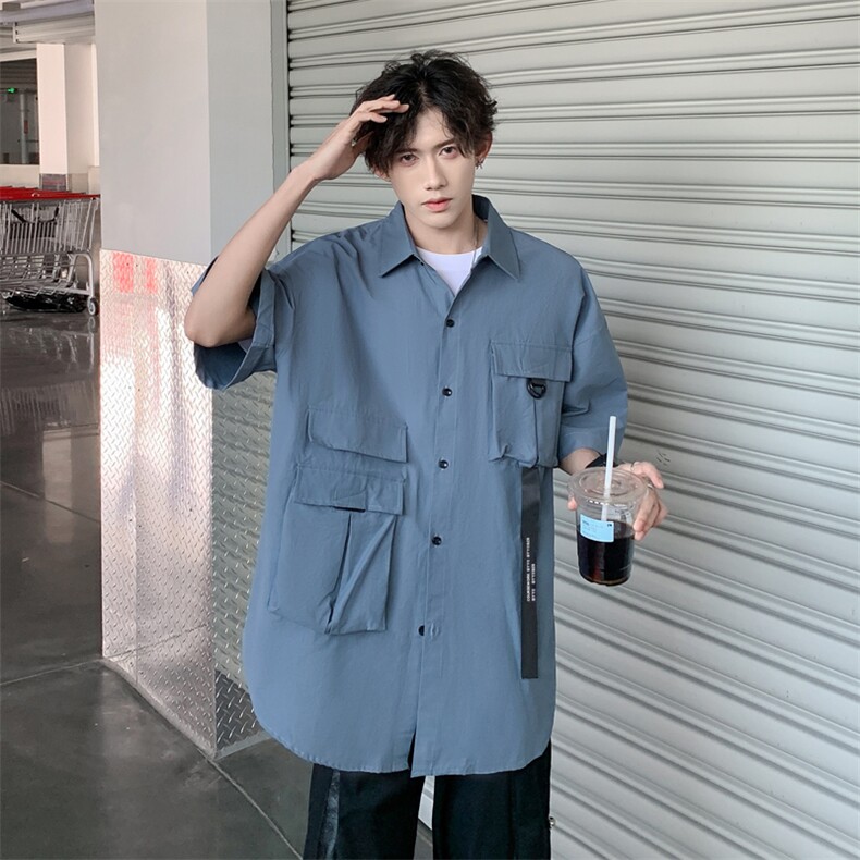 2024新款宽松休闲翻领半袖衬衣机能工装短袖衬衫男现货W8213-P38,男装衬衫,星座512-4